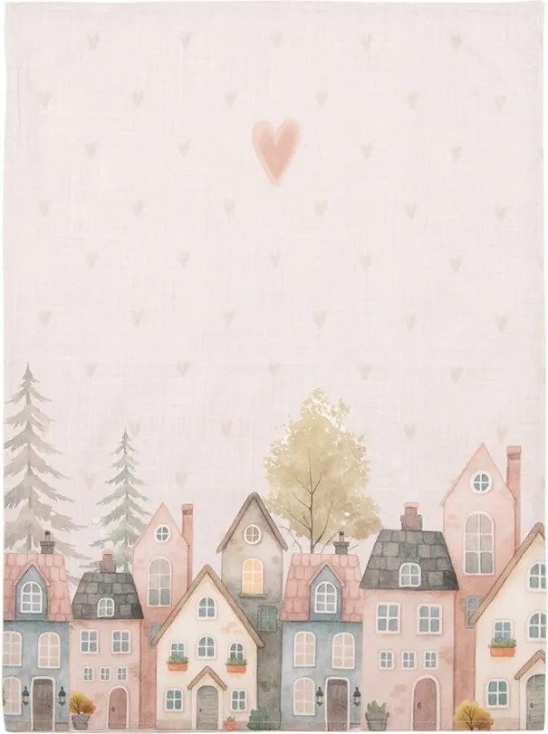Béžová bavlnená utierka so srdiečkami a domčekmi Hearts & Houses - 50*70 cm
