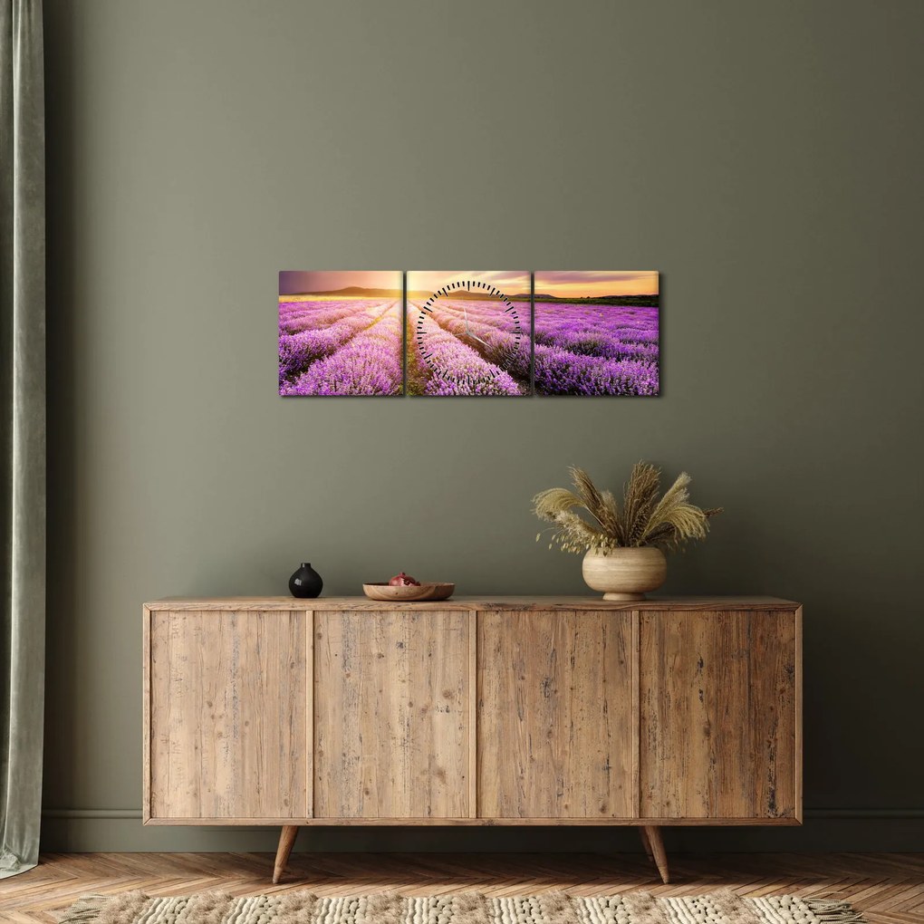 Obraz - Východ slnka v levanduľovom poli (s hodinami) (90x30 cm)