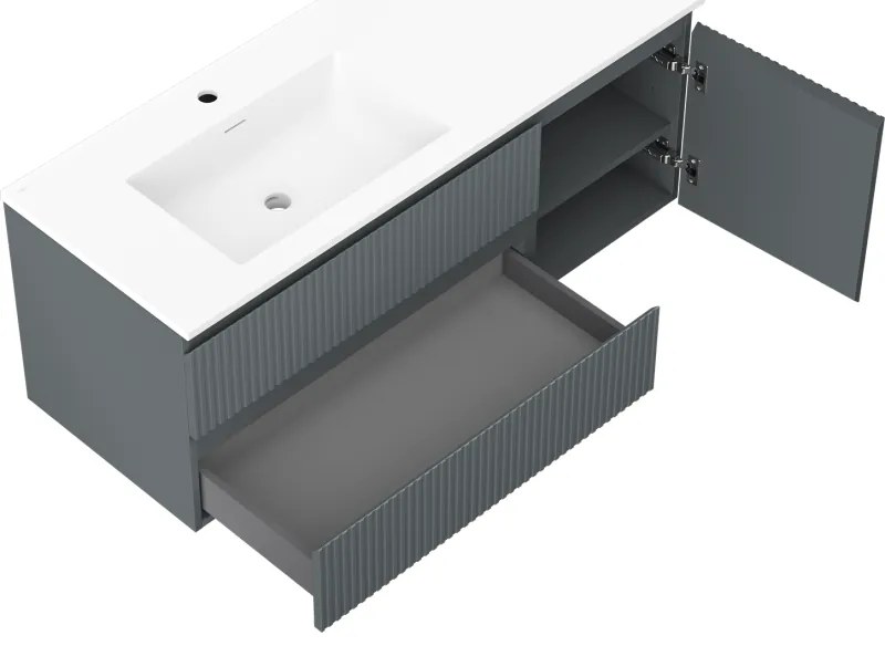 Mexen Rivel, kúpeľňová skrinka 120 cm s ľavým umývadlom Otis, 2S, 1D, drážkovaná, grafitová/biela matná, 91A23-12047-3-BBFFF66-W18L01