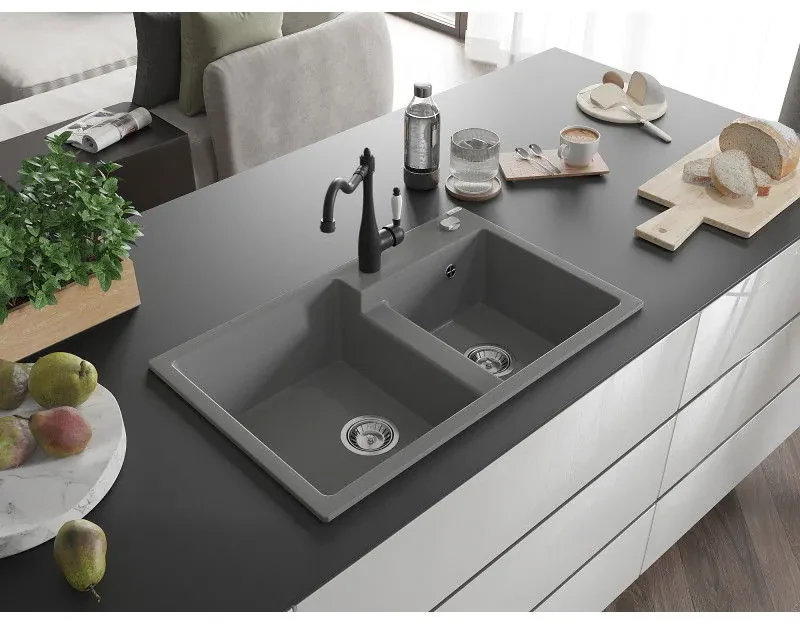 Mexen Tomas, granitový drez 800x500x190 mm, 2-komorový a drezová batéria Carla, šedá, 6516-71-670700-70