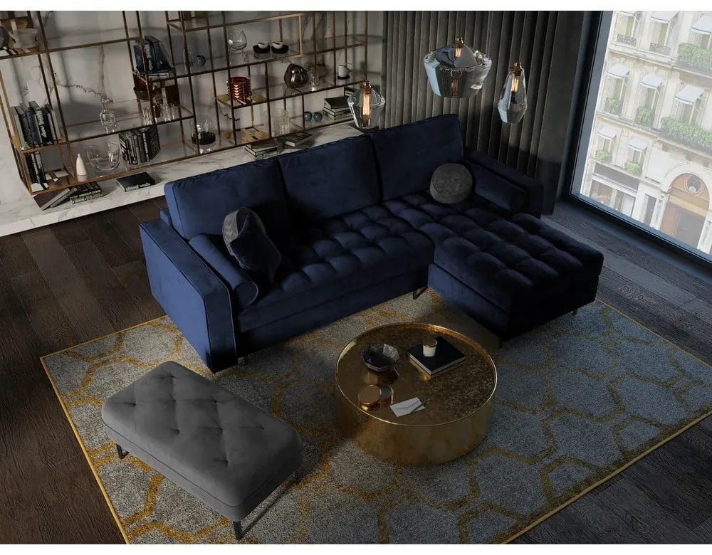 Modrá zamatová rozkladacia rohová pohovka Milo Casa Santo, pravý roh