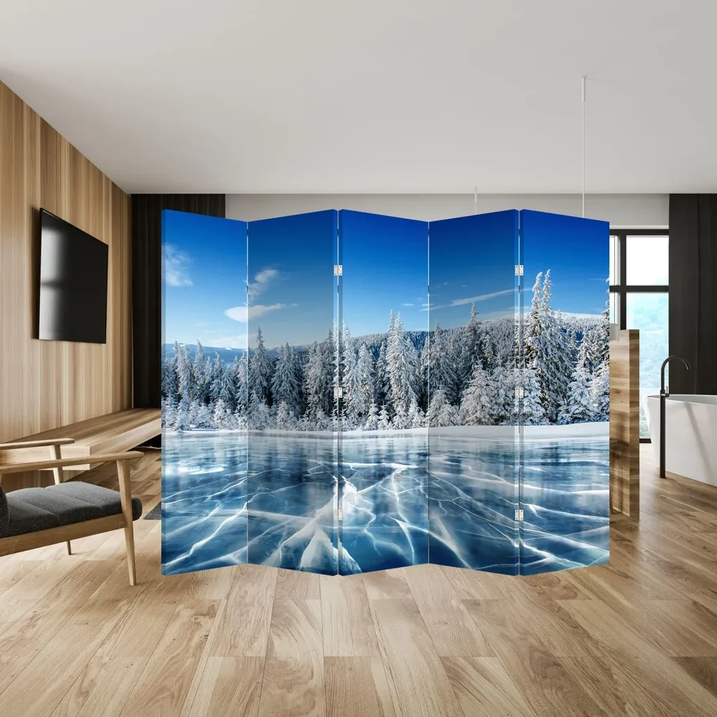 Paraván - Zamrznuté jazero a zasnežené stromy (210x170 cm)