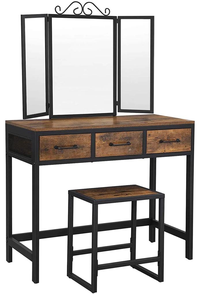 VASAGLE Vintage toaletný stolík s tromi zrkadlami, 3 zásuvkami, s oceľovým rámom