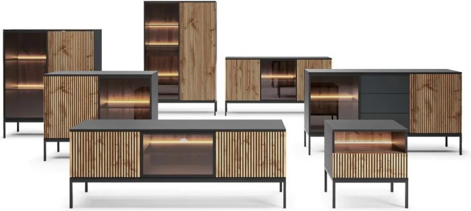 Vitrína Sento, čierna/dub wotan, s osvetlením