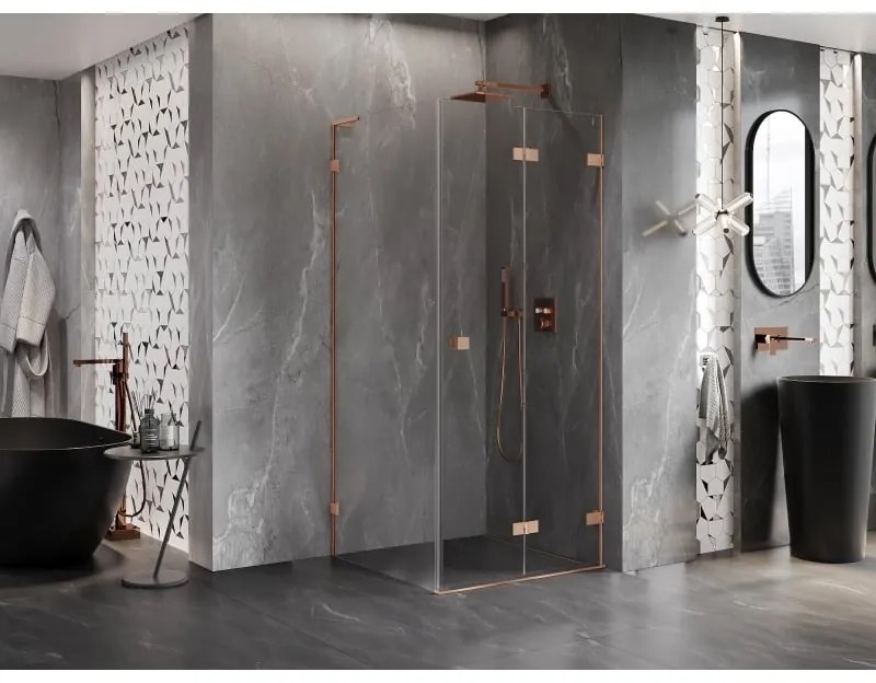 Mexen Lunar-F L, 1-krídlový sprchový kút so skladacími dverami, pravý, 70 x 70 cm, 8mm číre sklo, medený profil, 836L-070-070-65-00-P