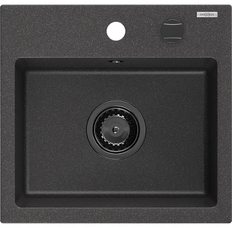 Mexen Milo, granitový drez 435x410x171 mm, 1-komorový, čierna-škvrny s čiernym sifónom, 6505441000-76-B