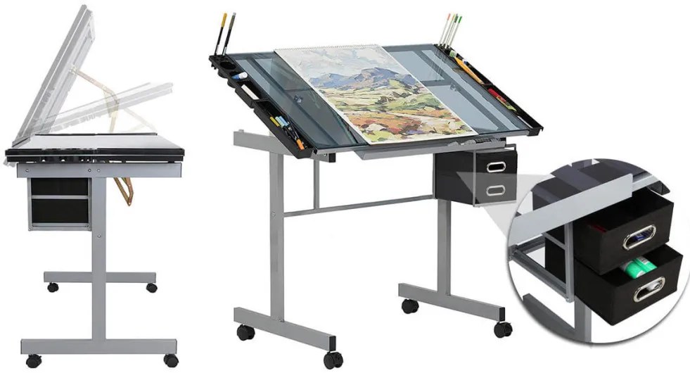 Rysovací stôl so sklopnou sklenenou doskou