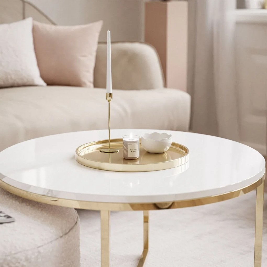 KONFERENČNÝ STOLÍK LEONARDO X BIELY LESK + ZLATÝ + TABURET RUŽOVÝ