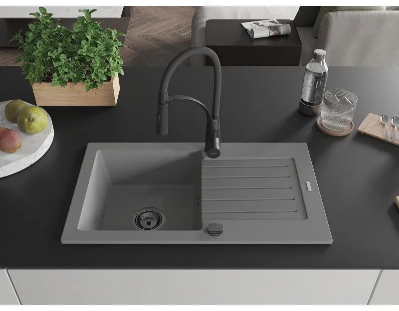 Mexen Pablo, 1-komorový granitový drez 752x436x161 mm a drezová batéria Aster, šedá, 6510-71-73450-70-B