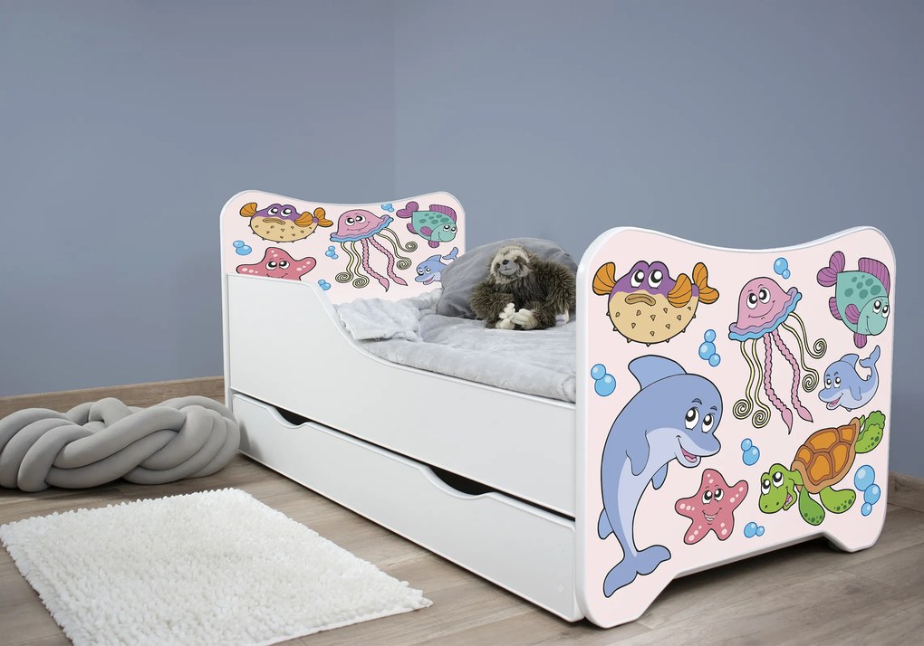 TOP BEDS Detská posteľ Happy Kitty 140x70 Morský svet so zásuvkou