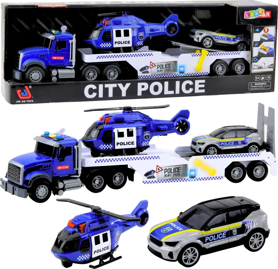 LEAN Toys Policajný kamión sada vrtuľník auto rádio auto svetlá zvuky