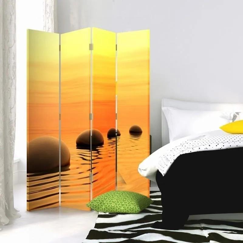 Ozdobný paraván Zen Spa Kameny Voda Žlutá - 145x170 cm, štvordielny, obojstranný paraván 360°