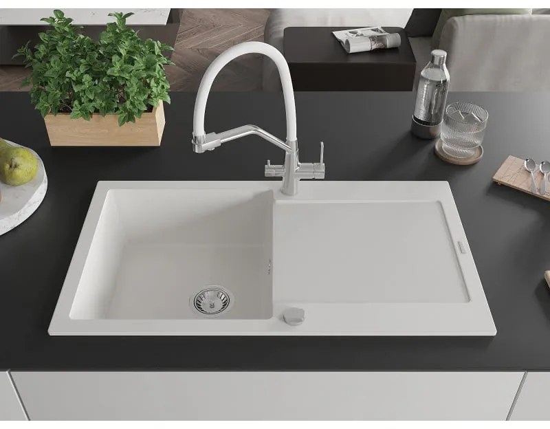 Mexen Leo, 1-komorový granitový drez 900x500x190 mm a drezová batéria Duo, biela, 6501-20-671701-02