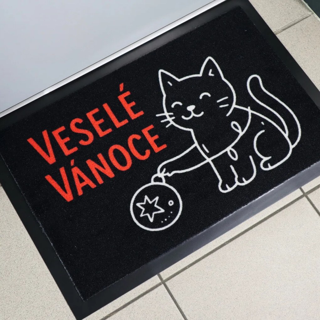 Rohožka Veselé Vianoce s mačkou 40x60 cm, 40x60, čierna, Mercury Flooring