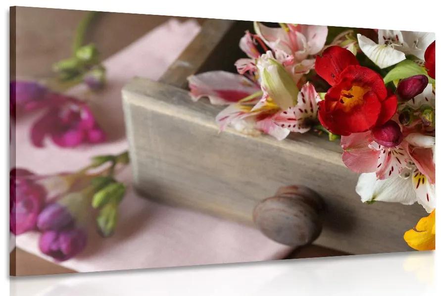Obraz kompozícia jarných kvetov v drevenom šuplíku Varianta: 120x80