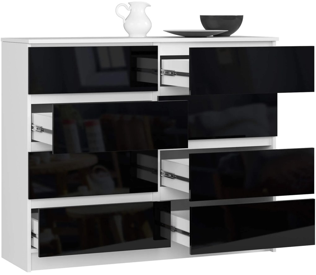 Komoda Kuba 120 cm 8 zásuviek biela/čierna