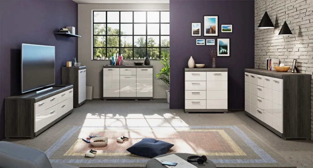 Široká komoda Scout, 165 cm, sivý dub/biely lesk