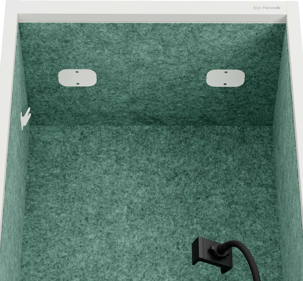 Kancelárska akustická kabína so sedadlom a portom USB-C, telo v Biely farbe / sedadlo v zelenej farbe, 600 mm: SALLY MentalBox