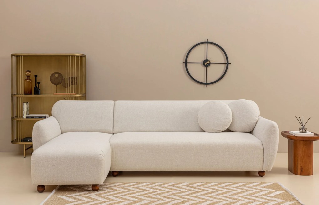 Rohová pohovka Eddy s robustným rámom z bukového dreva a drevotrieskovej dosky 280 x 93 cm, ľavá, biela