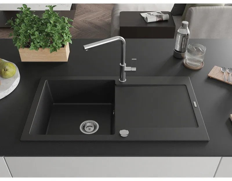 Mexen Leo, 1-komorový granitový drez 900x500x190 mm a drezová batéria Flora, čierna, 6501-77-670401-00