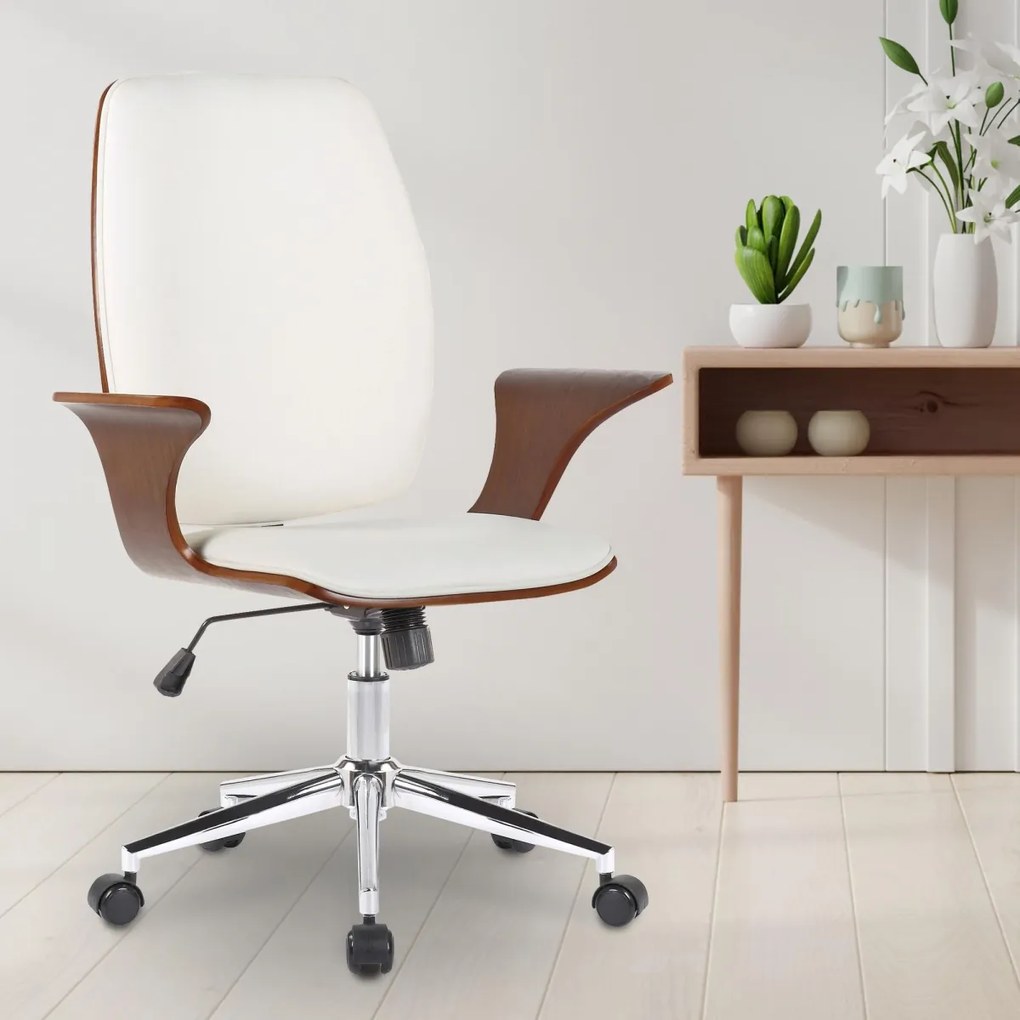 Design-Shop Kancelárska stolička Burbank - koženka, drevo orech - Biela