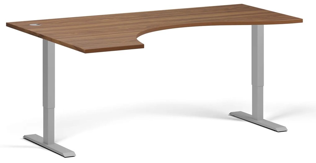 Ergonomický výškovo nastaviteľný stôl, 180x120 cm, 2 motory, L/P, sivá podnož, orech