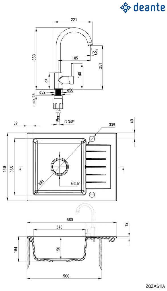 Deante Zorba, granitový drez 580x440x164 mm Z/KO, 3,5" + priestorovo úsporný sifón, 1-komorový + Milin batéria, čierna, ZQZAN11A