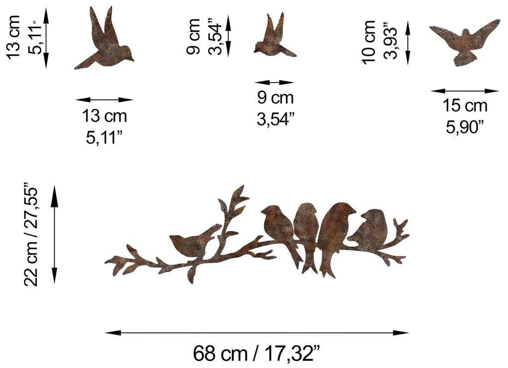 Nástenná kovová dekorácia Hrdzavé vtáky 2 viacfarebná