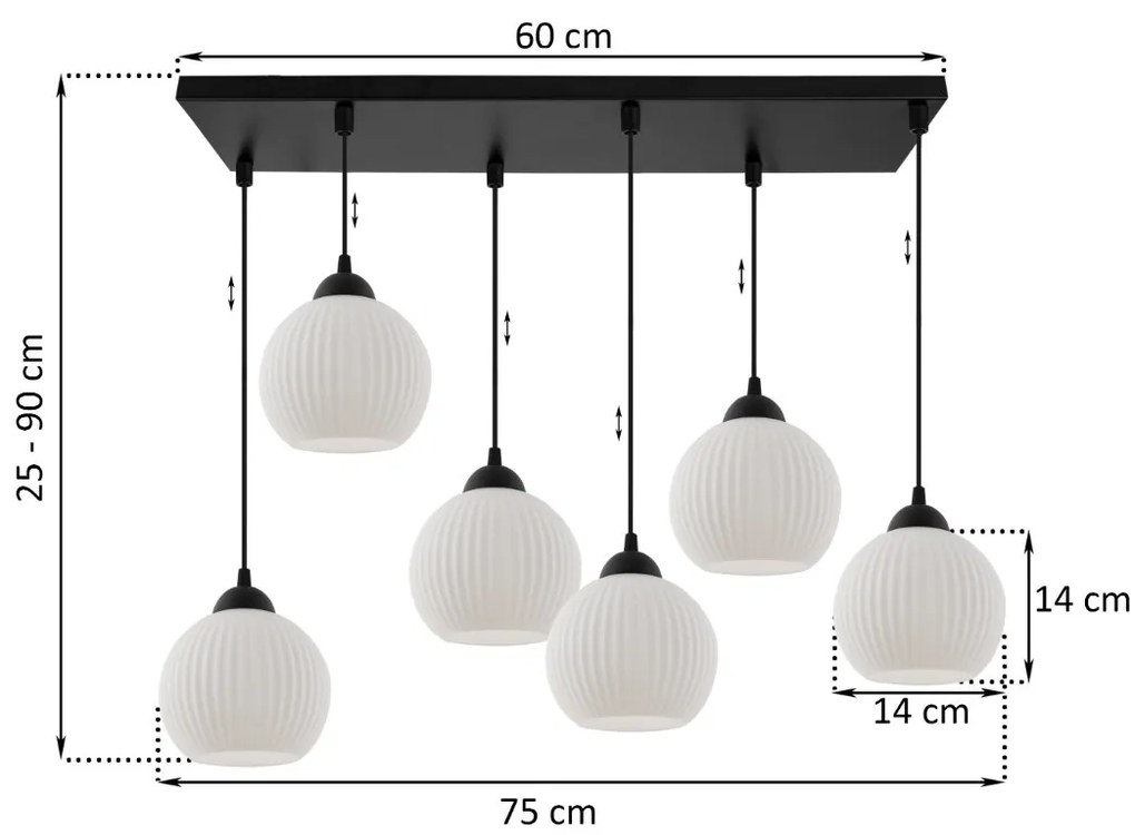 Závesné svietidlo Riffle Round, 6x biele sklenené tienidlo, b