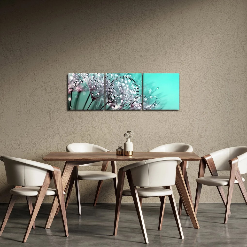 Obraz - orosená rastlina (s hodinami) (90x30 cm)