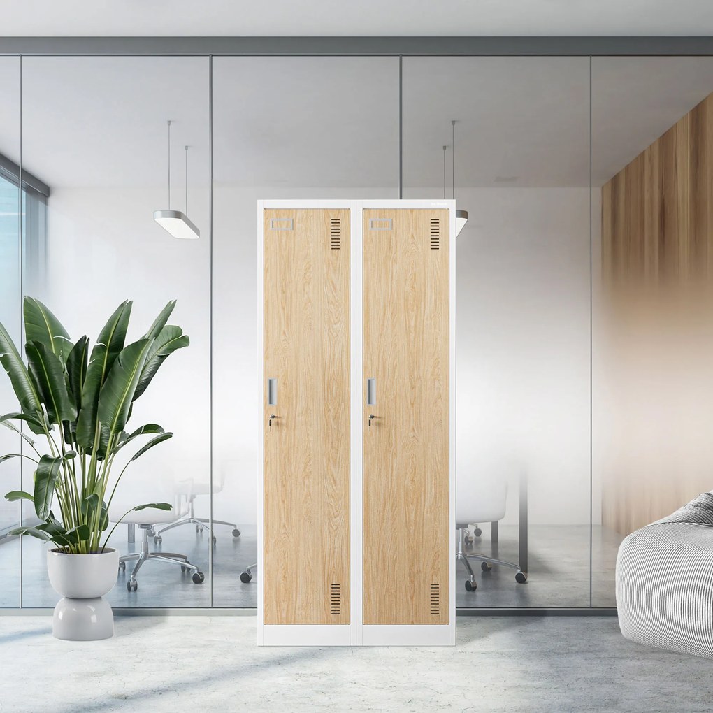 Kovová šatňová štvormodulová skriňa na sokli s policou KACPER, 800 x 1800 x 500 mm, Eco Design: biela/ dub sonoma