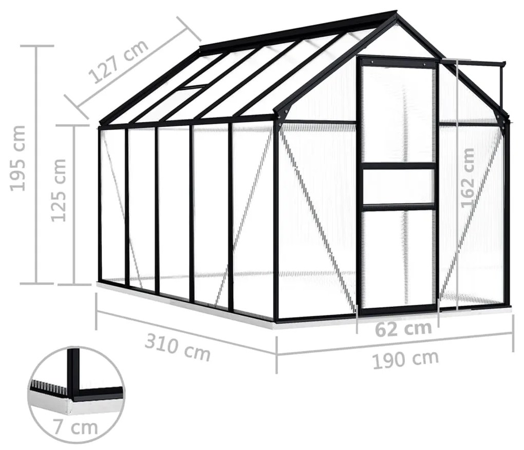 Skleník s podkladovým rámom, antracitový, hliník 5,89 m²