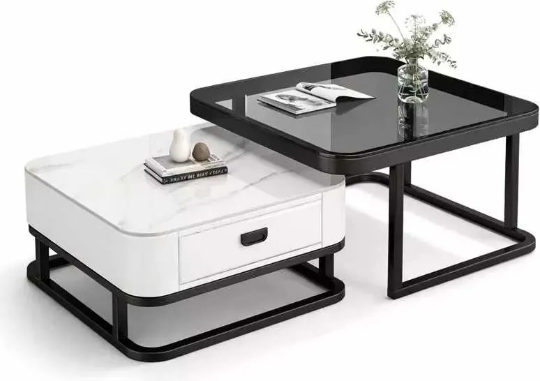 LuxuryForm DESIGN Konferenčný stolík ARAGON 70 × 70 / 60 × 60 cm – biely / biely mramor + sklo (set 2 ks)