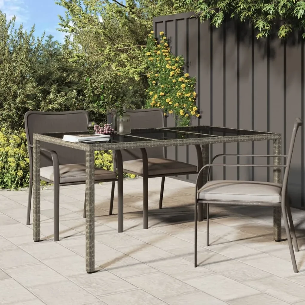 vidaXL Záhradný stôl 150x90x75 cm tvrdené sklo a polyratan sivý