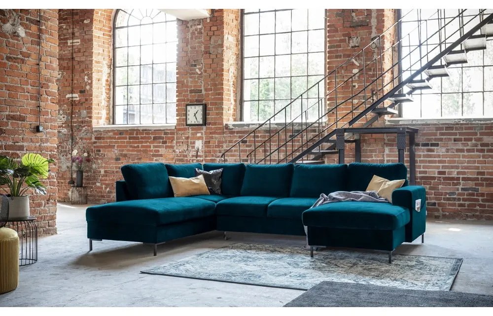 Zamatová rozkladacia rohová pohovka v petrolejovej farbe (ľavý roh) Lofty Lilly – Miuform