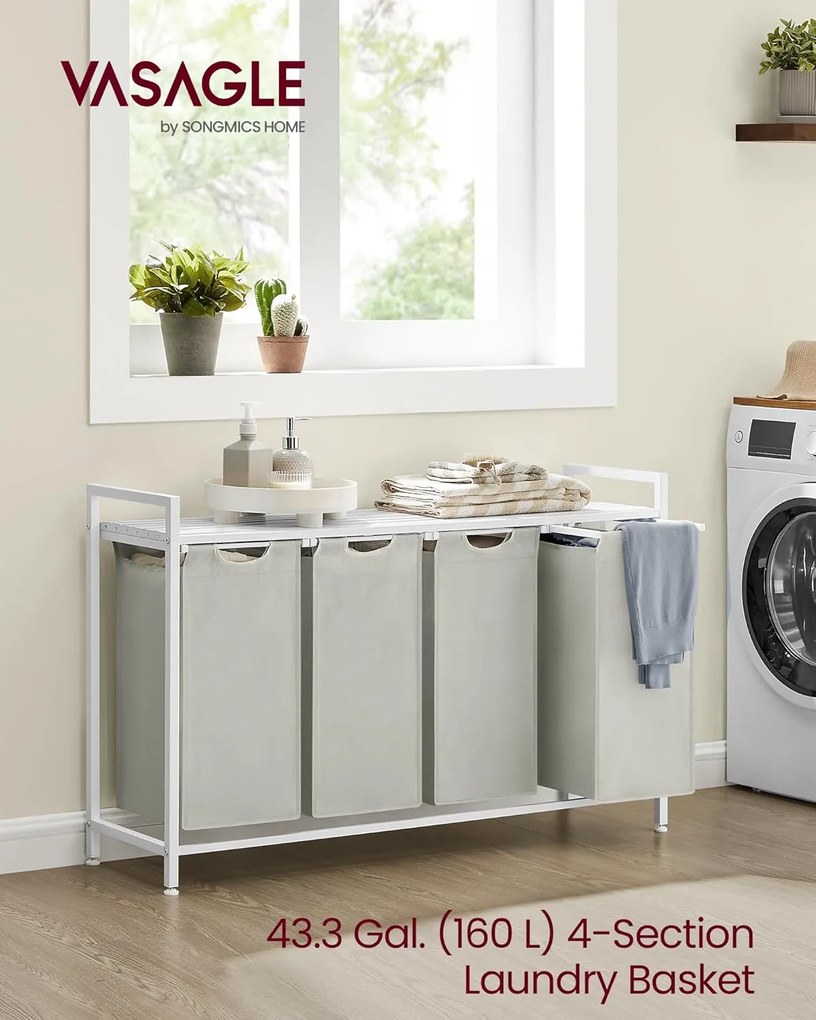 VASAGLE 4-kôšový prádlový kôš 4 × 40 L, 116 × 33 × 72 cm, krémovo biely a matne biely