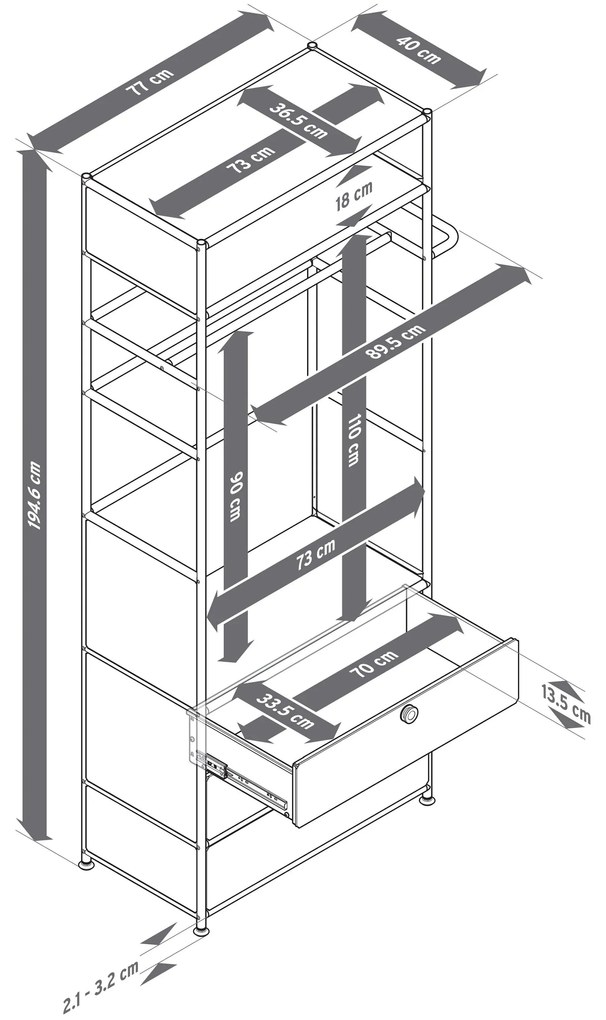 Kovový vešiak »CN3« s tyčou na oblečenie a 3 zásuvkami