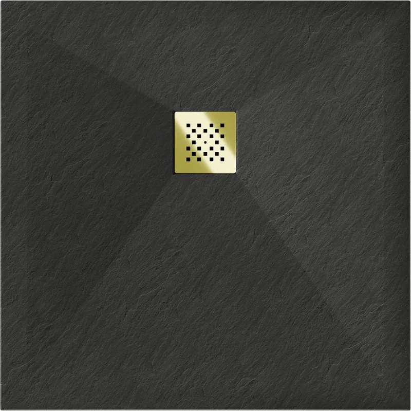 Mexen Stone+, štvorcová vanička z minerálneho kompozitu 70 x 70 cm, čierna, zlatá lesklá krytka, 44707070-G