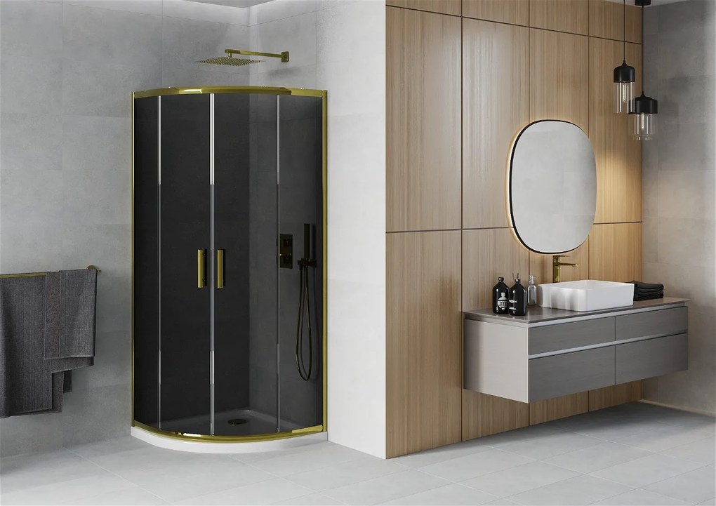 Mexen Rio, štvrťkruhový sprchovací kút s posuvnými dverami 90 (dvere) x 90 (dvere) x 190 cm, 5mm šedé sklo, zlatý profil + biela sprchová vanička SLIM, 863-090-090-50-40-4110G