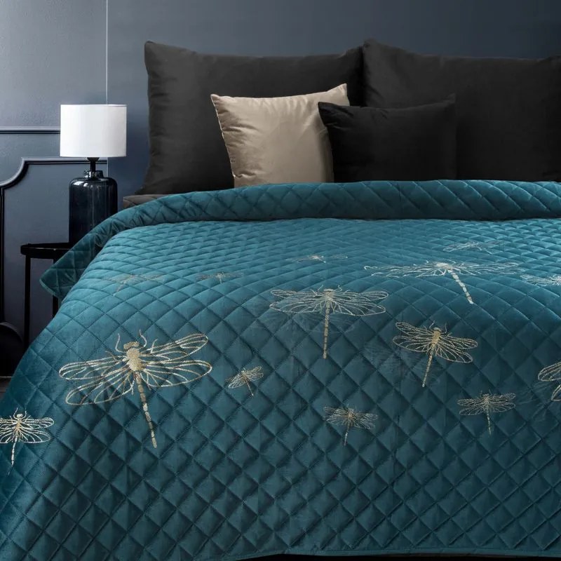 EUROFIRANY Zamatový prehoz, vyrobený technikou "hot press" s potlačou fólie 220 cm x 240 cm tmavo tyrkysová 100% polyester Rozmery textílií: 170 cm x 210 cm