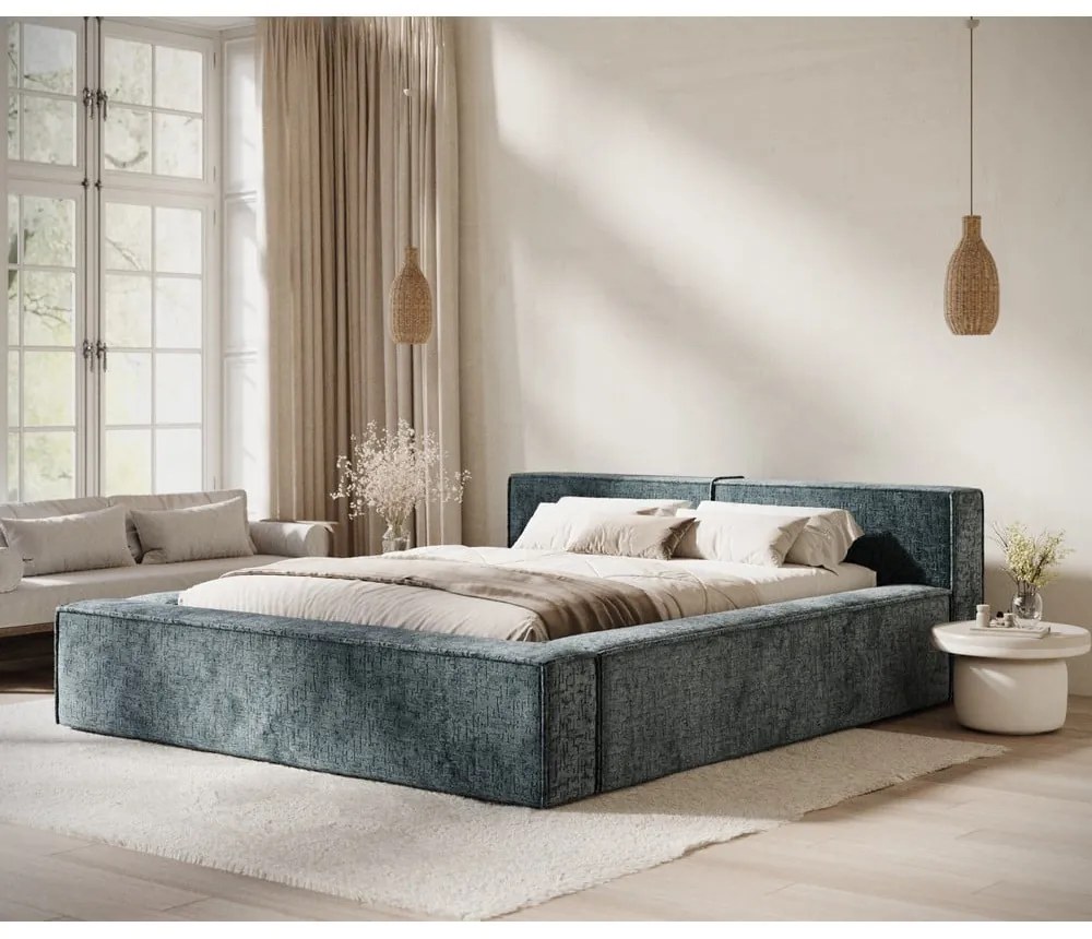 Sivomodrá čalúnená dvojlôžková posteľ s úložným priestorom s roštom 180x200 cm Voliera – Maison de Rêve