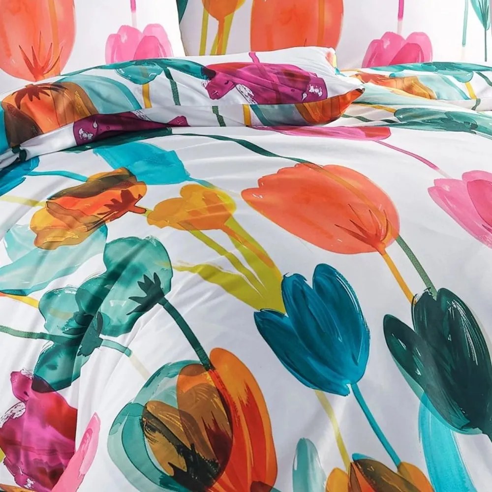 Saténové posteľné obliečky Tulipi s veľkými kvetmi tulipánov - Bedtex Exclusive - 100% bavlna - 70 x 90 cm + 140 x 200 cm