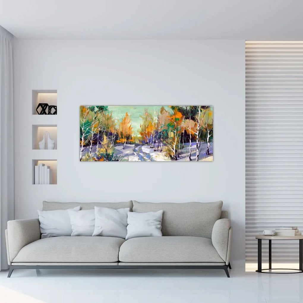 Obraz - Zasnežená cesta lesom, olejomaľba (120x50 cm)