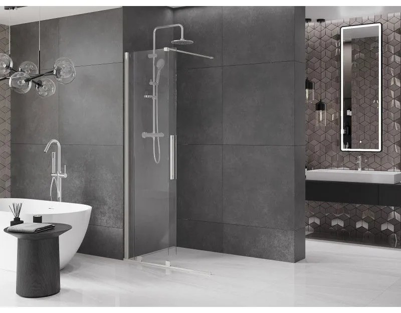Mexen Velar, sprchová zástena s posuvnými dverami Walk-in 85 x 200 cm, 8mm číre sklo, brúsená oceľ, 871-085-000-03-97