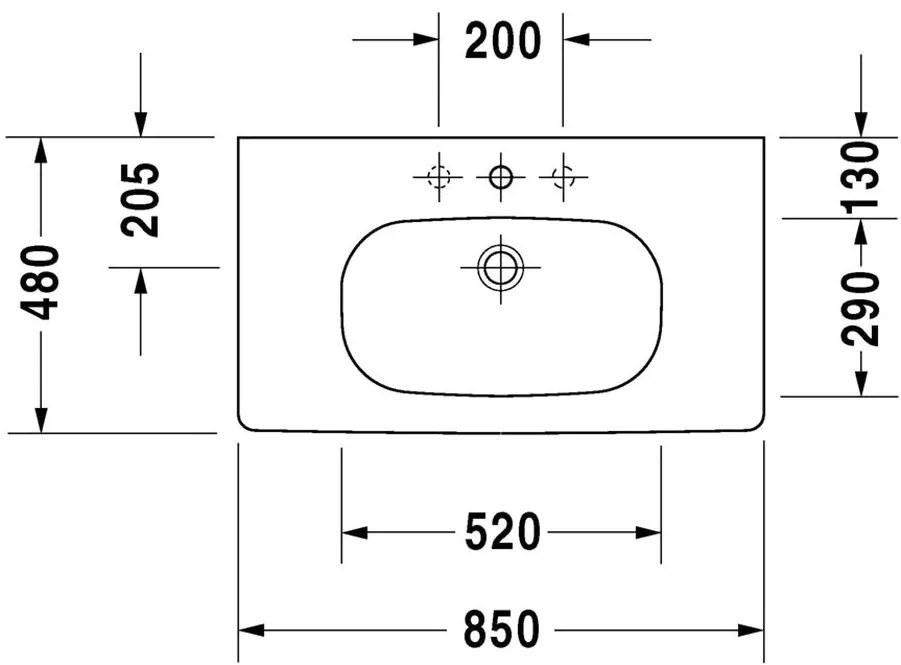 Duravit D-Code - Umývadlo do nábytku s prepadom 850x480 mm, 1 otvor na batériu prepichnutý, biela 03428500002