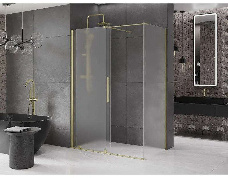 Mexen Velar, sprchový kút s posuvnými dverami 140 x 80 cm, 8mm sklo námraza, zlatá matná, 871-140-080-31-55