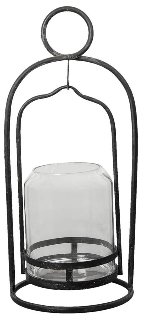 Čierna lampáš s patinou so skleneným stredom Clarita - Ø 29*65 cm