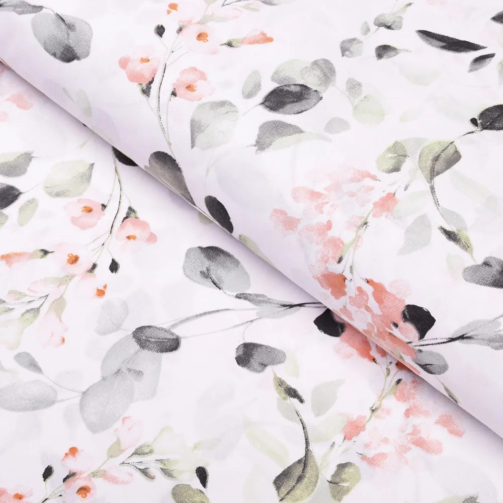 Biante Bavlnený behúň na stôl Sandra SA-288 Eukalyptus s ružovými kvetmi na bielom 45x180 cm