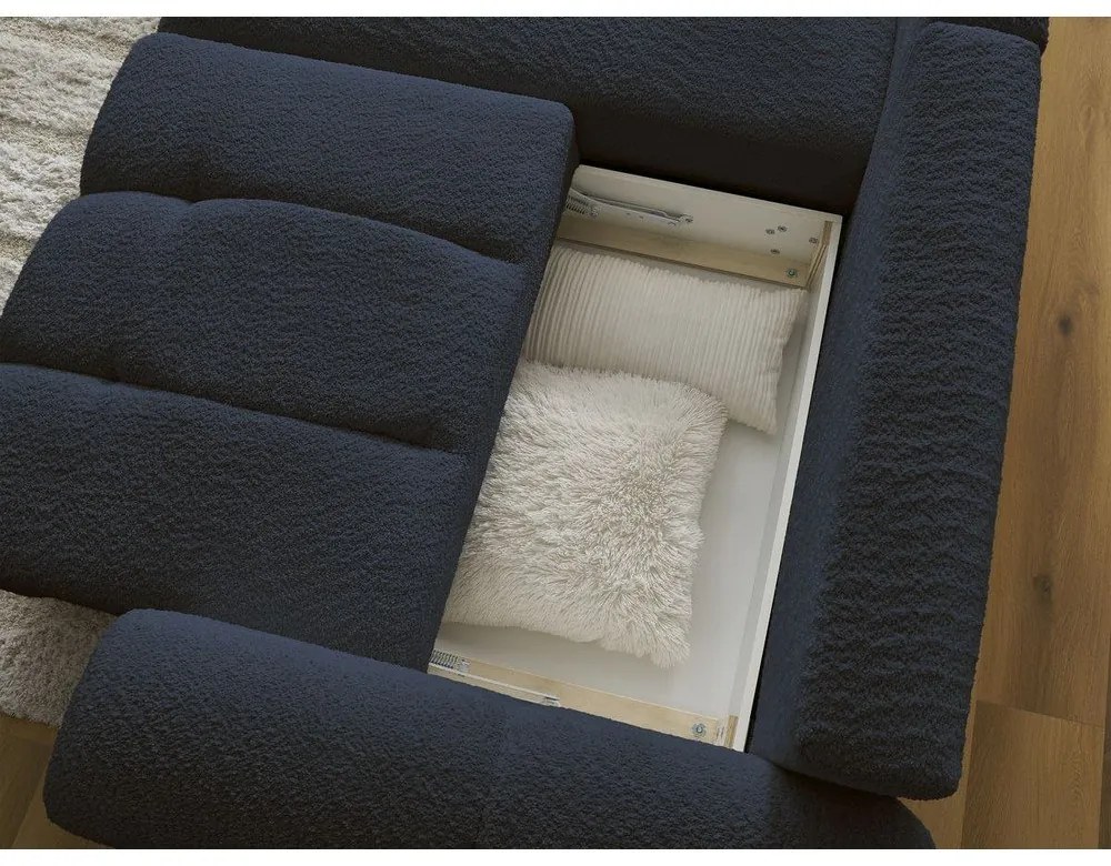 Modrá rozkladacia/s úložným priestorom rohová pohovka z textílie buklé (ľavý roh/s leňoškou) Roxelane – Bobochic Paris