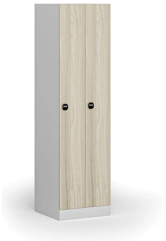 Kovová šatníková skrinka zúžená, 2 oddiely, 1850 x 500 x 500 mm, zámok s čítačkou RFID kariet, laminované dvere, dub prírodný